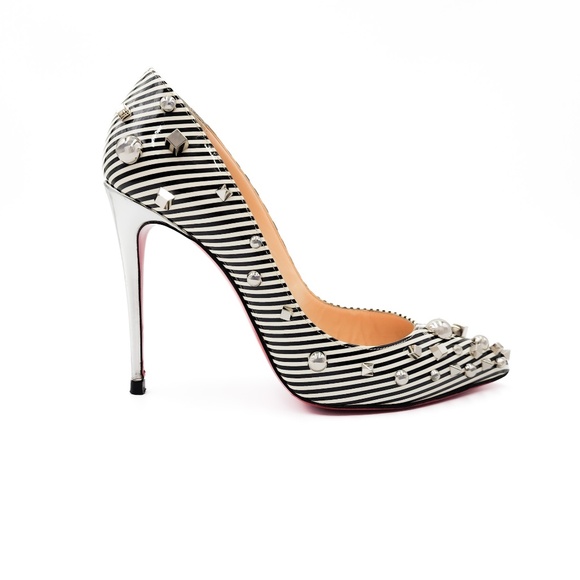 Christian Louboutin Black White Striped Patent Leather Studded Heels EU 38.5 - Picture 2 of 8
